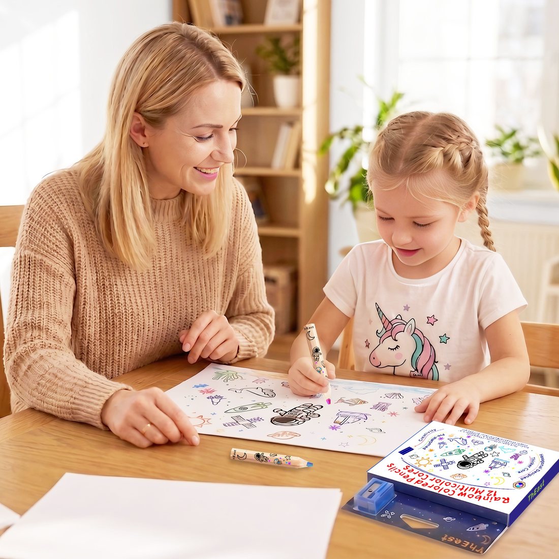 Mother and daughter coloring together at a table